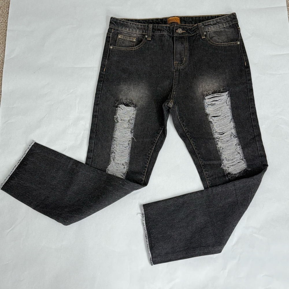 NWOT POL Ripped Distressed Fishnet Jeans Straight Leg Ankle Black Denim Medium